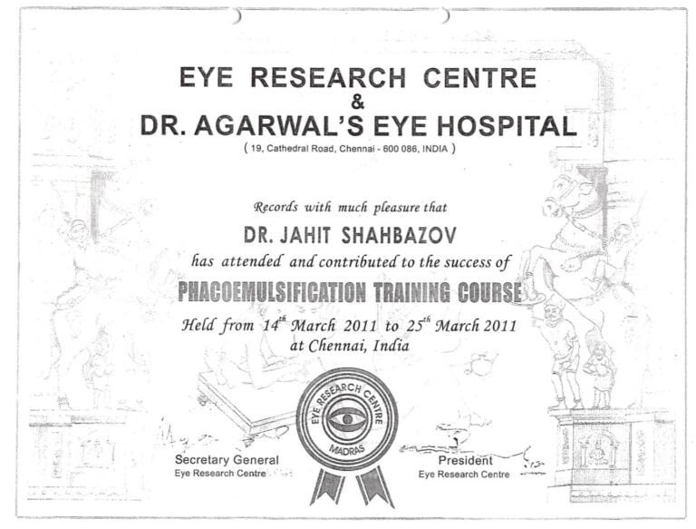 תעודה הוענקה לד"ר ג'אהיט שאבאזוב על השתתפותו ותרומתו לקורס הכשרה בנושא פאקואמולסיפיקציה במרכז לחקר העין, צ'נאי, במרץ 2011. - Kerato Life מה שלא עשה הטבע עושה הצבע