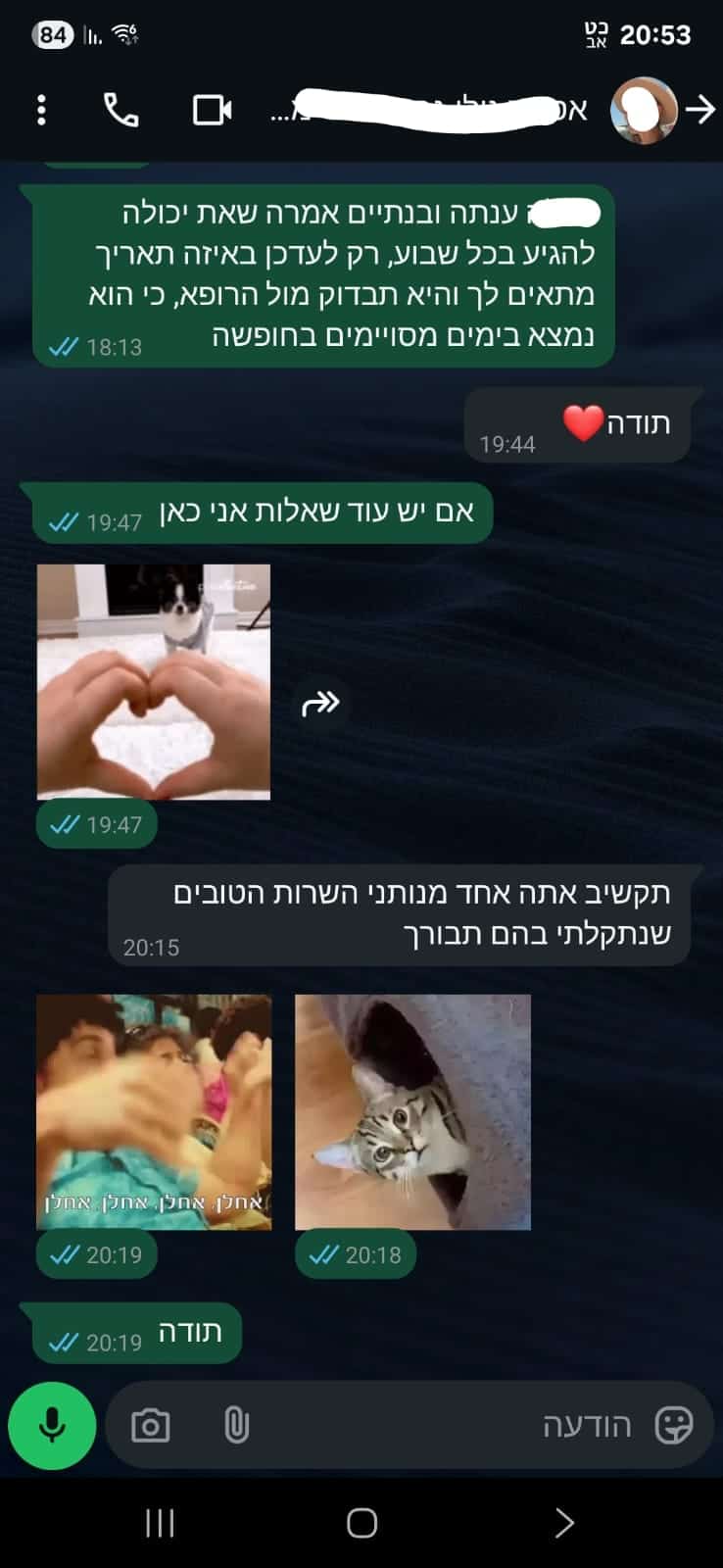 מוצג צ'אט WhatsApp בעברית, הכולל הודעות טקסט, תמונות של חתולים ואימוג'י של לב. השיחה נראית ידידותית ומלאת הערכה. - Kerato Life מה שלא עשה הטבע עושה הצבע